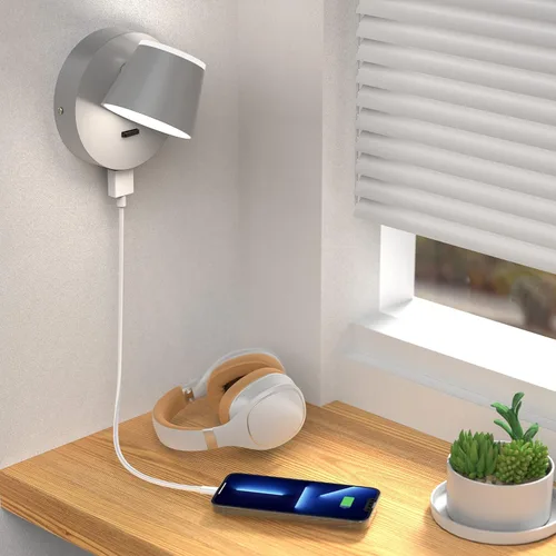 Miniatura 6 de URSOLA Juego de dos lámparas de pared, apliques de pared LED con interruptor de encendido/apagado, puerto de carga USB, 110 voltios, lámpara de Gris