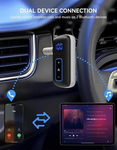 Miniatura 8 de Receptor Bluetooth 5.3 para automóvil, pantalla LED, cancelación de ruido, adaptador AUX Bluetooth de 0.138 in, receptor de audio inalámbrico
