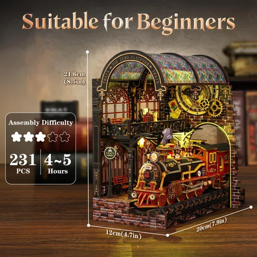 Miniatura 4 de Kit de rincón de libro, kit de casa en miniatura para adultos, rompecabezas LED 3D estación mágica, kit de rincón de libros, fabricado en madera