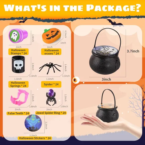 Miniatura 2 de Recuerdos de fiesta de Halloween para niños, paquete de 24 caldero de bruja de plástico prellenado, juguete novedoso a granel, juguetes de Halloween