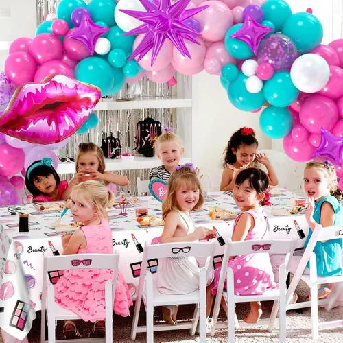 Miniatura 6 de 127 piezas de suministros de fiesta de spa para niñas, decoración de cumpleaños con guirnalda de globos, globos de papel de aluminio, telón