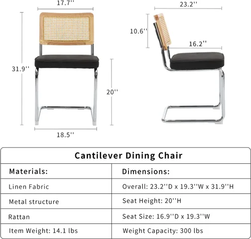 Miniatura 3 de ODUSE-DAILY Black Modern Rattan Dining Chairs Set of 4, Linen Fabric Upholstered Kitchen & Dining Room Chairs Set of 4, Sillas de Comedor, Cane