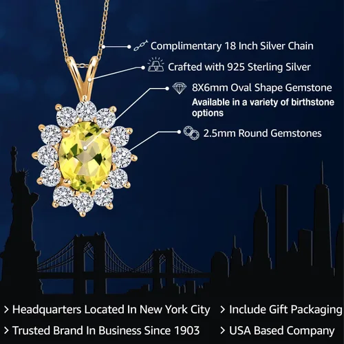 Miniatura 21 de Gem Stone King Collar con piedra natal ovalada de plata chapada en oro amarillo de 18 quilates, ovalado de 0.315 x 0.236 in, collares con colgante