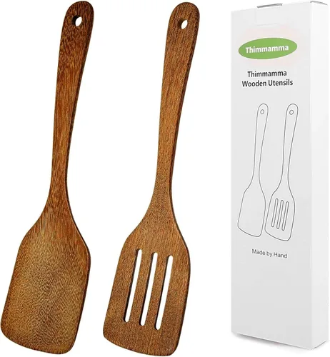 Miniatura 9 de Espátula de Madera Antiadherente Volteador de Madera de Acacia, Espátulas Planas para Freír con Mango Largo de 12 Pulgadas Hechas a Mano