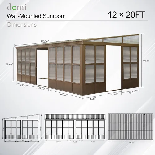 Miniatura 76 de Domi - Solárium de pared montado de 10 x 14 pies, solárium de pared con techo inclinado de policarbonato de aluminio, casa de pantalla de PC