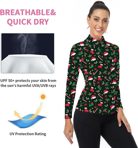 Miniatura 193 de WOWENY Camiseta deportiva de manga larga para mujer, con cremallera de un cuarto, cuello para entrenamiento, camiseta de tenis con estampado