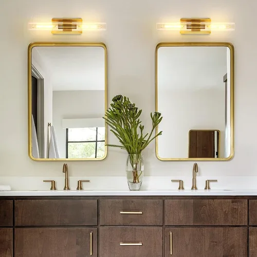 Miniatura 8 de Apliques de pared modernos de latón y vidrio, luces de tocador de 24 pulgadas para baño, 2 luces, aplique de pared lineal horizontal o vertical