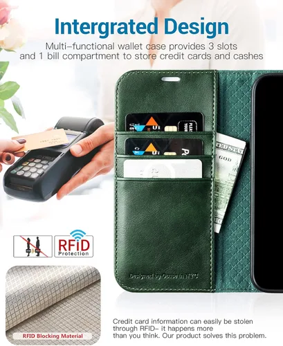 Miniatura 3 de OCASE Funda tipo cartera compatible con iPhone 13, de piel sintética con tapa tipo folio, con tarjetero, bloqueo RFID, soporte