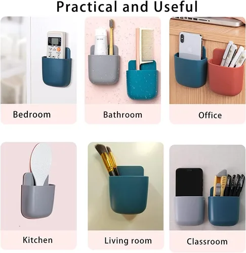 Miniatura 4 de Paquete de 3 soportes para control remoto de montaje en pared, organizador de carga de teléfono sin agujeros, contenedores de almacenamiento de Azul