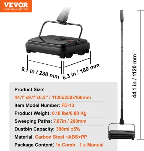 Miniatura 7 de VEVOR Escoba Manual para Alfombras, Escoba de Piso con Capacidad de Cubo de Polvo de 300 ml Fácil de Vaciar, para Alfombras de Casa y Oficina, Pelo