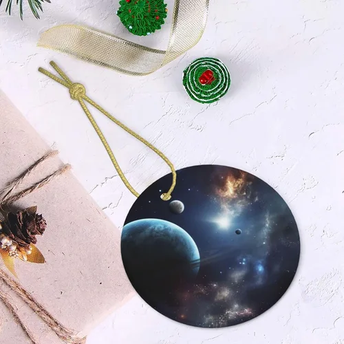 Miniatura 5 de Adorno de Navidad redondo colgante de Navidad, luna, estrellas y planetas, árbol de Navidad, cerámica, adorno colgante de cerámica personalizado