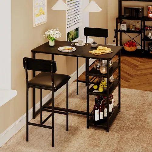 Juego de mesa de comedor para 2 personas con 3 estantes de almacenamiento, juego de mesa de cocina de 3 piezas con 2 taburetes de bar tapizados,