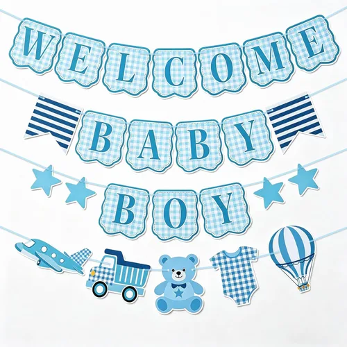 Miniatura 11 de Cartel de baby shower para bebé, 2 piezas preencordadas de tela de bienvenida a cuadros azules para bebé y cuerpo, para decoración de fiesta de baby