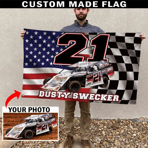 Miniatura 3 de Sprint Car Racing - Foto personalizada, nombre y número de carreras de bandera estadounidense a cuadros para amantes de las carreras de pista