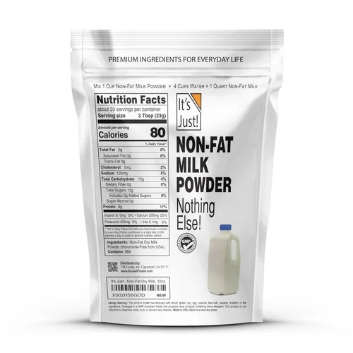 Miniatura 2 de It's Just - Leche en Polvo Sin Grasa (Descremada), Sin Hormonas rBST/rBGH, Estable en Estante, Solo Agrega Agua, Rinde Más de 1.5 Galones de Leche