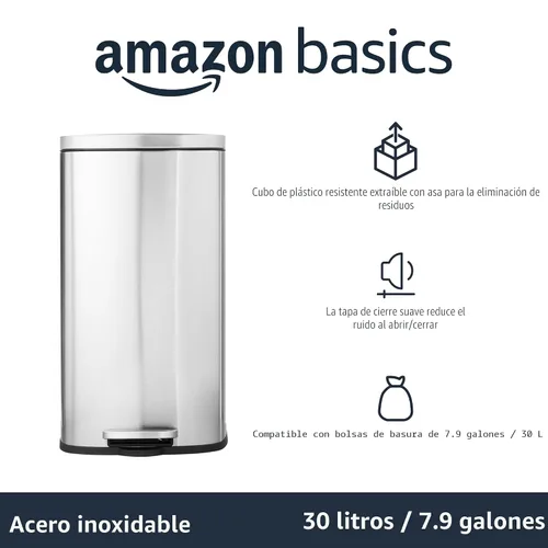 Miniatura 5 de Amazon Basics Cubo de basura mediano, 7.9 galones (30 litros), contenedor rectangular resistente a las manchas con tapa de cierre suave, pedal