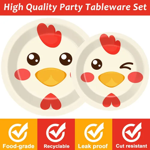 Miniatura 4 de gisgfim Paquete de 96 piezas de suministros para fiesta de cumpleaños de pollo, platos de papel, servilletas, decoración temática de fiesta