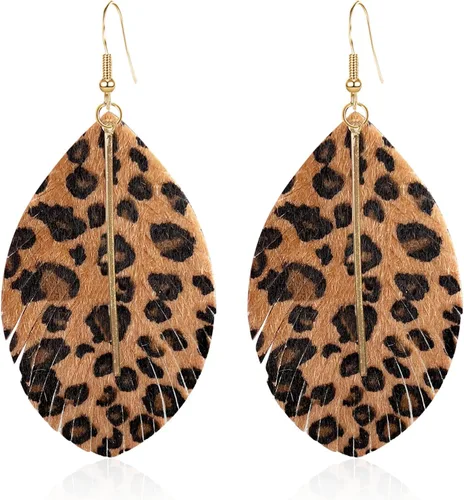 Aretes grandes de cuero genuino suave hechos a mano con flecos, hoja ligera con barra de metal simple, lágrima, color para mujeres y niñas