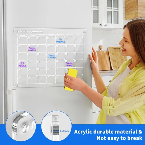 Miniatura 7 de AITEE Pizarra acrílica magnética de borrado en seco para nevera, calendario, 16"x12" pulgadas, planificador mensual transparente para refrigerador