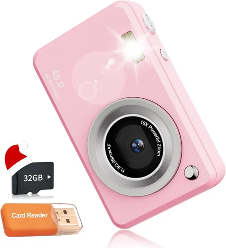 Cámaras digitales FHD para niños y niñas, cámara digital compacta de apuntar y disparar con zoom de 16X, tarjeta de 32 GB, cámara para niños