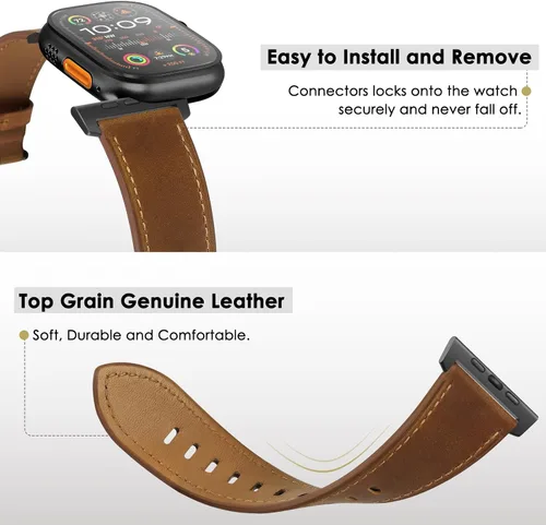 Miniatura 3 de UUPWPOKT Correa de cuero compatible con Apple Watch Ultra 3/2/1 de 49 mm, 46 mm, 45 mm, 44 mm, 42 mm para hombres, correa de cuero genuino