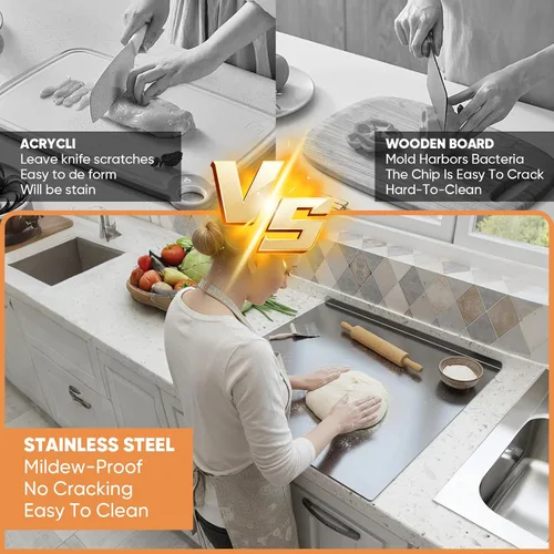 Miniatura 6 de Sakerplus Tabla de cortar de acero inoxidable con borde antideslizante, tabla de cortar de cocina para hornear, carne, verduras y pan, apta