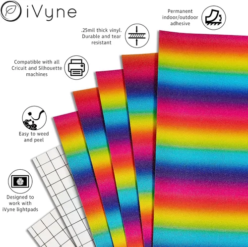 Miniatura 2 de iVyne Paquete de 5 hojas de vinilo con purpurina arcoíris, hojas permanentes de 12 x 12 pulgadas con degradado de purpurina y brillo para máquinas