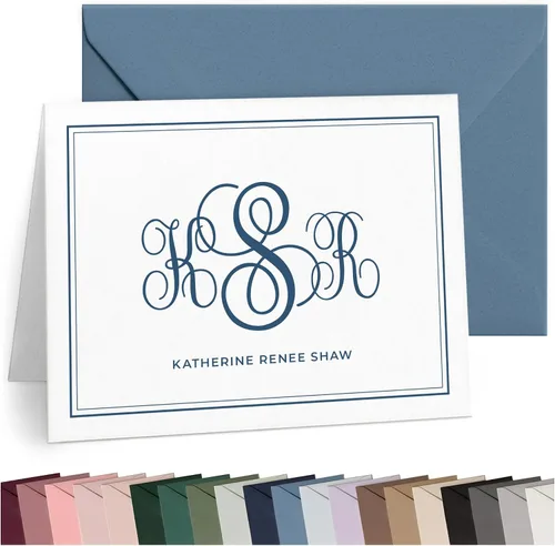 Miniatura 12 de Papelería plegada con cresta personalizada, tarjetas iniciales personalizadas para pareja con sobres, elegantes tarjetas de notas plegadas