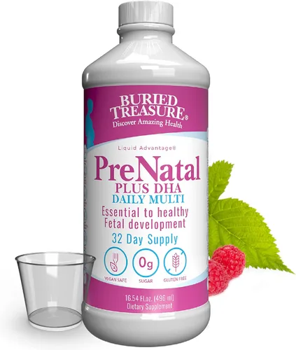 Buried Treasure Prenatal Plus DHA Complete, 16 oz sabor a plátano naranja, suplemento de fórmula líquida de alta potencia para antes, durante el