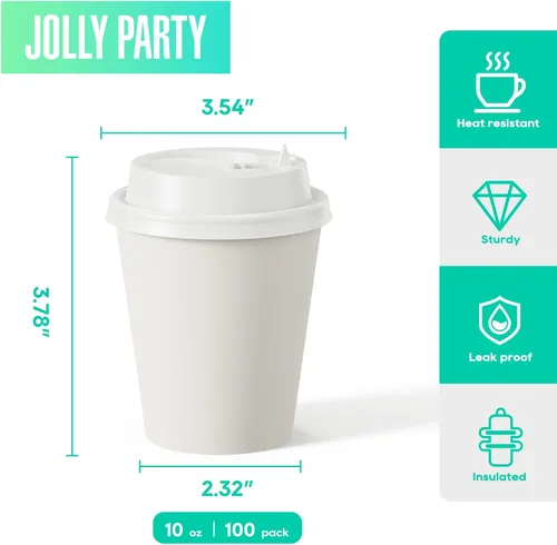 Miniatura 2 de JOLLY PARTY [Paquete de 100] Tazas de café de papel de 10 onzas, taza de café de papel desechable con tapas, taza de bebida caliente/fría para agua