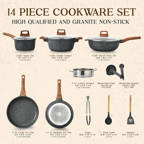 Miniatura 2 de Bakken-Swiss - Juego de utensilios de cocina de 14 piezas, antiadherentes de granito, ecológico, sin PFOA, PFOS y PTFE para todas las estufas