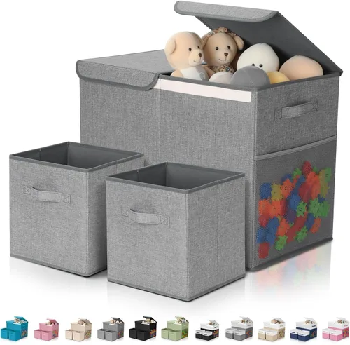 Miniatura 11 de Paquete de 3 Cajas Grandes de Almacenamiento de Juguetes de 23" con Cubos Contenedores de 11", Organizador de Juguetes Plegable con Tapas para Verde
