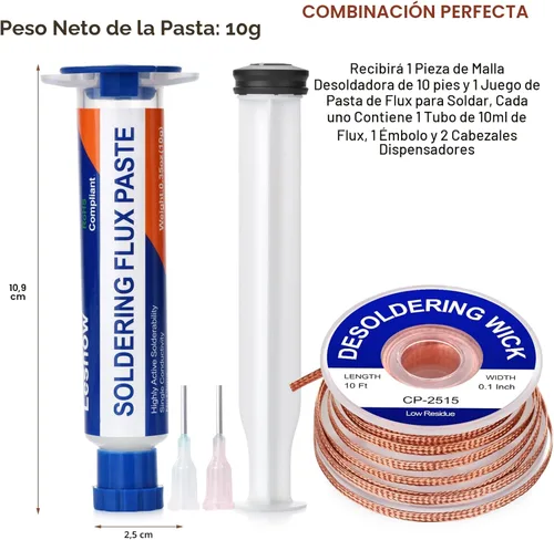 Miniatura 3 de Pasta de flujo de soldadura y trenzado de mecha de soldadura, flujo de soldadura sin limpieza (10cc) Herramienta de eliminación de soldadura