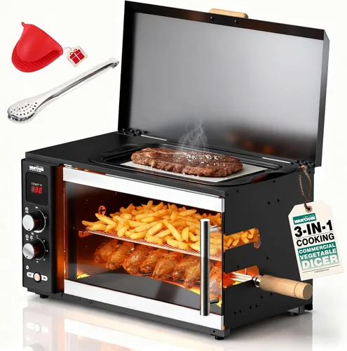WantJoin Horno asador eléctrico - Horno asador 3 en 1 de 37 cuartos de galón, pinchos dobles, rejilla para asar, calefacción de rotación automática