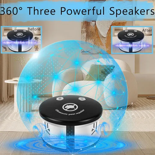Miniatura 3 de Repelente ultrasónico de ratón de 360°, repelente de roedores para interiores, repelente de ardillas con ultrasonidos de alto impacto y ondas