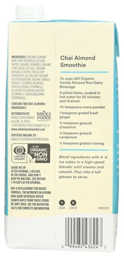 Miniatura 3 de 365 by Whole Foods Market, Leche orgánica de almendras de vainilla, vegana, baja en grasa, 32 onzas líquidas