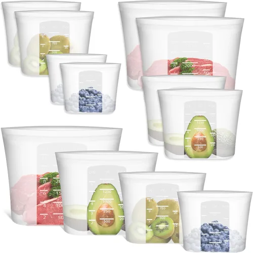 Miniatura 11 de Bolsas de Alimentos Reutilizables, Paquete de 12 Bolsas de Almacenamiento de Alimentos 100% Silicona que se Mantienen de Pie con Cierre Hermético