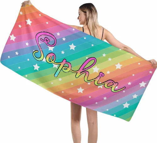 Miniatura 6 de MyPupSocks Toalla colorida personalizada para niños – Color arcoíris personalizada para viajes, playa, piscina y toallas de baño, toalla con nombre