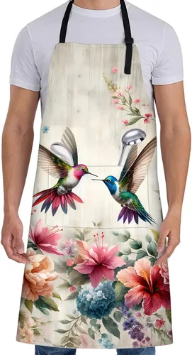 Delantal de pájaro para mujer con colibrí, 28 x 33 pulgadas, delantales de cocina de jardín floral con 2 bolsillos, tela Oxford, hermoso delantal
