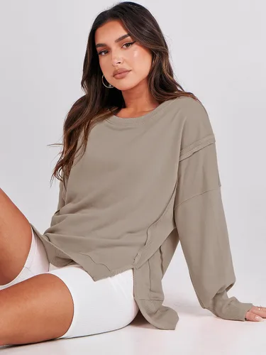Miniatura 9 de ANRABESS Sudadera de gran tamaño para mujer, cuello redondo, manga larga, casual, con abertura, sin botones, ropa de otoño