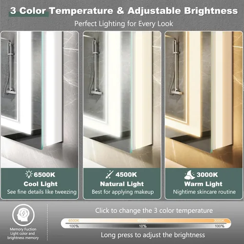 Miniatura 4 de Espejo de baño LED con luces: 40 x 24 pulgadas, grandes espejos iluminados para montar en la pared, sin niebla, antiniebla, regulable, función
