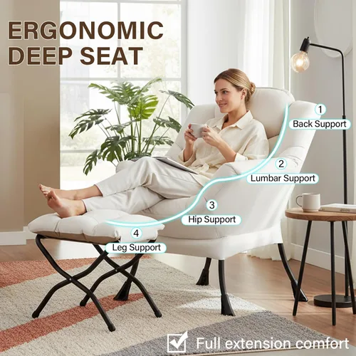 Miniatura 8 de Welnow Silla Lazy con otomana, moderna silla de lectura con reposabrazos y un bolsillo lateral, juego de sofá perezoso tapizado de ocio con Beige