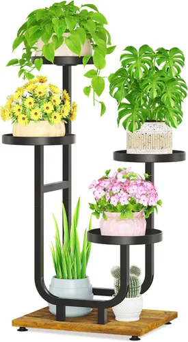 Miniatura 11 de LASZOLA Soporte para plantas de 5 niveles alto de madera y metal para interiores para macetas de servicio pesado, estante vertical grande