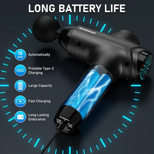 Miniatura 5 de RAEMAO Pistola de masaje, masajeador muscular de tejido profundo eléctrico de mano para atletas para aliviar el dolor con 8 cabezales de repuesto