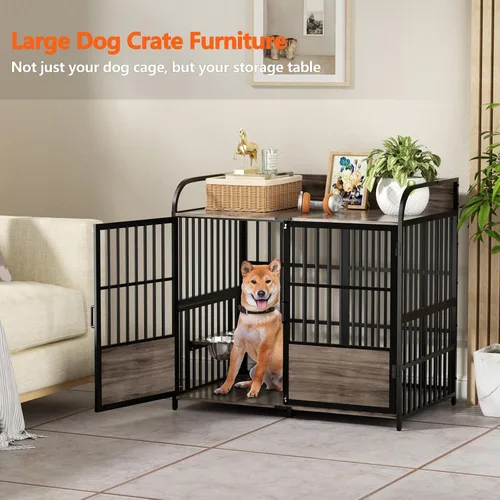 Miniatura 5 de BEURUKU Mueble de jaula para perros XL de 41 pulgadas, perrera mediana para interiores con 2 cuencos ajustables, mesa de jaula para perros de madera