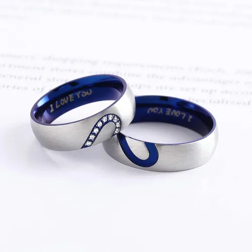 Miniatura 4 de Anillos de promesa para parejas, para él y para ella, juego de anillos de boda con texto en inglés "I Love You" grabado a juego con corazón azul