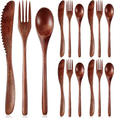Miniatura 9 de Utensilios de madera reutilizables para comer, 8 piezas de cucharas de madera de viaje, tenedores, palillos, juego de cubiertos con estuche