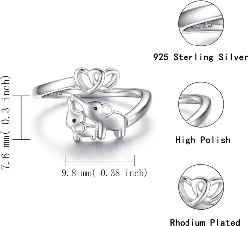 Miniatura 5 de Anillo de Elefante Mamá Hija Plata de Ley 925 Ajustable Anillos de Dedo Corazón de Amor Colgante para Mujeres Esposa Mamá Nana Hija Regalo de Joyería