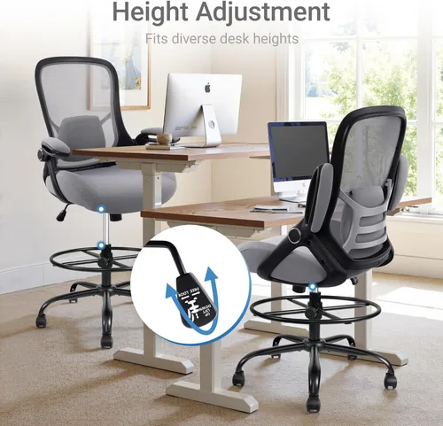 Miniatura 3 de HYLONE Silla de dibujo resistente de 400 libras, asiento grueso de 5 pulgadas, silla de oficina con reposabrazos abatibles, silla ergonómica alta