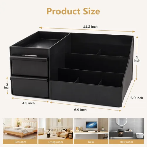Miniatura 8 de Organizador de tocador negro con cajones – Caja grande de almacenamiento para hombres en encimera para colonia, cuidado de la piel, maquillaje
